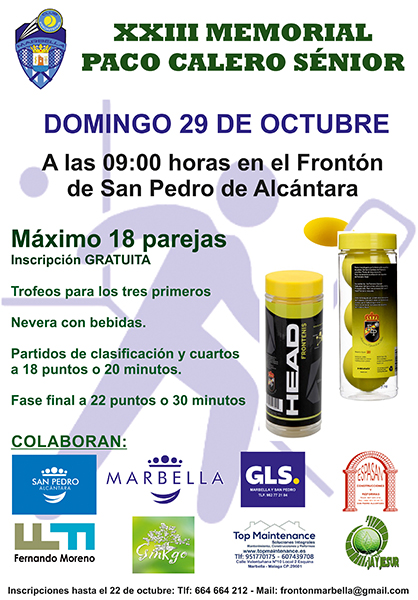 El próximo 29 de octubre se celebrará el XXIII Memorial Paco Calero de frontenis